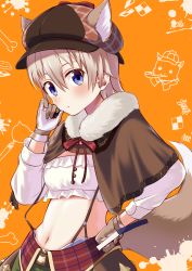 Rule 34 | 1girl, absurdres, animal ears, black hat, blue eyes, book, brown capelet, brown gloves, capelet, cereal (cerealoekaki), closed mouth, commentary request, crop top, detective, flat cap, frilled shirt, frills, fur-trimmed capelet, fur trim, gakkou gurashi!, gloves, green skirt, halloween, halloween costume, hand on own cheek, hand on own face, hand on own hip, hat, highres, holding, holding book, kirara fantasia, light brown hair, light frown, long hair, looking at viewer, midriff, naoki miki, orange background, partial commentary, shirt, short hair, skirt, solo, standing, suspender skirt, suspenders, tail, white shirt