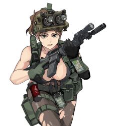 Rule 34 | 1girl, ammunition pouch, assault rifle, bikini, bikini top only, black bikini, blue eyes, breasts, brown hair, brown pantyhose, clenched teeth, colt commando, commentary request, cowboy shot, flashbang, flashlight, gloves, green eyes, green gloves, gun, highres, holding, holding gun, holding weapon, holster, knife, korean commentary, korean text, large breasts, load bearing equipment, looking ahead, metal gear (series), metal gear solid v: the phantom pain, mole, mole on breast, muzzle device, night vision device, open mouth, pantyhose, pouch, quiet (metal gear), rifle, sanpaku, simple background, smoke grenade, swimsuit, teeth, thigh holster, torn clothes, torn pantyhose, wani (perfect han), weapon, web belt, white background