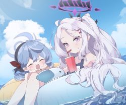 Rule 34 | absurdres, ahoge, ako (blue archive), bendy straw, blue archive, blue hair, blue hairband, blue one-piece swimsuit, cup, demon horns, disposable cup, drink, drinking straw, duck innertube, hair ornament, hairband, hairclip, halo, highres, hina (blue archive), hina (swimsuit) (blue archive), horns, long hair, multiple horns, official alternate costume, oldweek, one-piece swimsuit, parted bangs, purple eyes, school swimsuit, swimsuit, whistle, whistle around neck, white hair