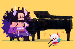 Rule 34 | 1boy, 1girl, absurdres, aged down, blue coat, coat, father and daughter, fur coat, gradient hair, highres, horns, instrument, japanese clothes, kaidou (one piece), long hair, microphone stand, multicolored hair, music, one piece, oni, oni horns, piano, playing instrument, playing piano, ponytail, rope, shimenawa, singing, sugiyama (yookoisei), toon (style), topless male, yamato (one piece), yellow background