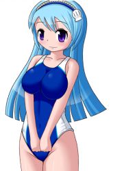 Rule 34 | 1girl, blue hair, long hair, purple eyes, ruri (tsunagaru dream), simple background, smile, solo, swimsuit, tsunagaru dream, white background