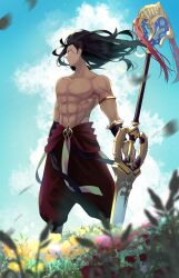 Rule 34 | 1boy, abs, absurdres, armlet, black hair, blue sky, bracelet, brown eyes, closed mouth, cloud, commentary request, dark-skinned male, dark skin, day, fate/grand order, fate (series), floating hair, flower, heracles (fate), highres, holding, holding sword, holding weapon, jewelry, leaf, long hair, looking away, male focus, marmyadose (fate), muscular, muscular male, outdoors, pants, plant, profile, red flower, red pants, shin&#039;ya (yukiura), sky, solo, sword, topless male, weapon, white flower, yellow flower