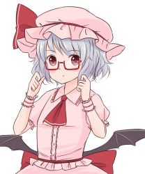 Rule 34 | 1girl, ascot, bat wings, batta (ijigen debris), bespectacled, blue hair, blush, glasses, hat, hat ribbon, looking at viewer, low wings, mob cap, puffy sleeves, red-framed eyewear, red eyes, remilia scarlet, ribbon, sash, shirt, short hair, short sleeves, simple background, skirt, skirt set, solo, touhou, upper body, white background, wings, wrist cuffs
