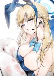Rule 34 | 1girl, animal ears, bare shoulders, blonde hair, blue archive, blue eyes, blue leotard, bow, bowtie, braid, breasts, detached collar, fake animal ears, halo, highres, large breasts, leotard, long hair, looking at viewer, multicolored hair, official alternate costume, parted lips, playboy bunny, poharo, rabbit ears, solo, strapless, strapless leotard, streaked hair, sweat, thighhighs, toki (blue archive), toki (bunny) (blue archive), very long hair, wet, white thighhighs