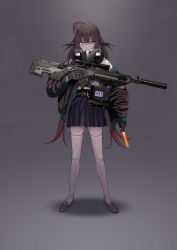 Rule 34 | 1girl, absurdres, ahoge, american flag, battle rifle, brown hair, commentary, full body, girls&#039; frontline, gloves, glowstick, gun, highres, holding, holding gun, holding weapon, jacket, loafers, long hair, looking at viewer, m14, m14 (girls&#039; frontline), off shoulder, pleated skirt, pouch, rifle, rope, scope, shoes, simple background, skirt, smile, solo, suppressor, symbol-only commentary, thighhighs, twintails, very long hair, weapon, white thighhighs, yellow eyes, yitiao er-hua, zettai ryouiki
