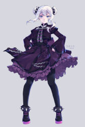 Rule 34 | 1girl, bad id, bad pixiv id, blue eyes, breasts, chain, dated, dong bai, double bun, dress, frills, frown, full body, grey background, hair bun, hands on own hips, highres, long sleeves, looking at viewer, pantyhose, purple dress, saki (hxaxcxk), scrunchie, shin sangoku musou, sidelocks, silver hair, simple background, small breasts, solo, spikes, standing