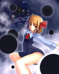 Rule 34 | 1girl, ascot, black dress, blonde hair, bow, building, city, curvy, darkness, dress, embodiment of scarlet devil, female focus, floating, from above, hair bow, hair ribbon, happy, highres, legs, looking at viewer, necktie, orga (pixiv), organ derwald, outstretched arms, perspective, red eyes, red ribbon, ribbon, rumia, shirt, short hair, smile, solo, spread arms, touhou, white shirt, wing collar, yellow eyes