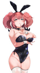 Rule 34 | 1girl, alternate costume, animal ears, atlanta (kancolle), black leotard, breasts, brown hair, cleavage, commentary request, cowboy shot, detached collar, fake animal ears, finger to mouth, grey eyes, highres, index finger raised, kantai collection, large breasts, leotard, long hair, playboy bunny, rabbit ears, simple background, solo, thighhighs, two side up, white background, white thighhighs, wrist cuffs, yukiguni yuu