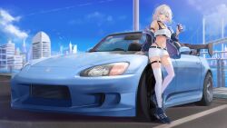 Rule 34 | 1girl, absurdres, arikawa rui, bare shoulders, black sports bra, blue car, blue eyes, blue footwear, blue jacket, blue sky, building, can, car, cloud, cloudy sky, crop top, cross-laced footwear, day, full body, grey hair, highleg, highres, holding, holding can, jacket, leaning against vehicle, looking at viewer, midriff, motor vehicle, navel, open mouth, original, race queen, race vehicle, racecar, shirt, short hair, short shorts, shorts, single-shoulder shirt, single off shoulder, sky, solo, sports bra, standing, thigh strap, thighhighs, vehicle request, white shorts, white thighhighs