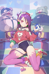 Rule 34 | 1girl, anklet, ball gag, bdsm, blush, bracelet, breasts, clothing cutout, demon girl, demon tail, drinking straw, earrings, fake horns, frown, gag, highres, holding, horned headwear, horns, jewelry, long hair, looking at viewer, mask, milk carton, multicolored background, multicolored nails, nail polish, original, pink footwear, pointy ears, purple eyes, purple hair, purple tail, purple thighhighs, school swimsuit, shoes, shoulder cutout, sitting, small breasts, sneakers, stuffed animal, stuffed toy, sweater, swimsuit, tail, teddy bear, thighhighs, thighs, tilted head, timbougami, yokozuwari