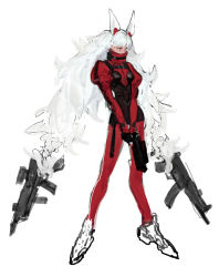 Rule 34 | 1girl, absurdres, animal ears, black gloves, covered mouth, fake animal ears, gloves, gun, highres, holding, holding gun, holding weapon, living hair, long hair, original, puffy sleeves, rabbit ears, red eyes, sketch, solo, triangle, triple wielding, twintails, very long hair, weapon, white footwear, white hair, zero q 0q