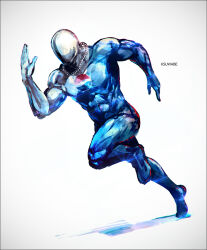 Rule 34 | 1boy, artist name, blue bodysuit, bodysuit, chain, chain necklace, commentary request, jewelry, k-suwabe, male focus, muscular, muscular male, necklace, pepsi, pepsiman, pepsiman (game), product placement, running, solo, superhero costume, white background, white bodysuit