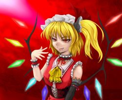 Rule 34 | 1girl, alternate costume, asymmetrical clothes, blonde hair, choker, corset, elbow gloves, fang, female focus, flandre scarlet, gloves, hat, kinokobakudan, aged up, one side up, ponytail, red eyes, ribbon, side ponytail, single elbow glove, single glove, solo, touhou, wings, wrist cuffs