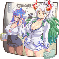 Rule 34 | 2girls, ahoge, aqua hair, breasts, cleavage, clipboard, earrings, glasses, green hair, highres, horns, jewelry, large breasts, lewdamone, looking at viewer, mask, multicolored hair, multicolored horns, multiple girls, office lady, one piece, oni, shiny skin, shirt, skirt, ulti (one piece), white hair, white shirt, yamato (one piece)