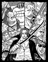 Rule 34 | 6+boys, benn beckman, bonk punch, building snake, eating, facial hair, fat, fat man, grin, highres, holding, holding sword, holding weapon, hongou, howling gab, limejuice (one piece), looking at viewer, lucky roux, manly, mature male, monkey, monochrome, monster (one piece), multiple boys, muscular, nishiponi, oda eiichirou (style), one piece, saliva, scar, scar across eye, shanks (one piece), sharp teeth, smile, smoking, sunglasses, sword, teeth, weapon, yasopp