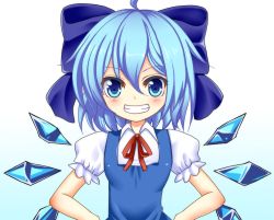 Rule 34 | 1girl, blue eyes, blue hair, bow, cirno, dress, grin, hair bow, hands on own hips, ice, ice wings, matching hair/eyes, short hair, smile, solo, touhou, wings, yagami (mukage)