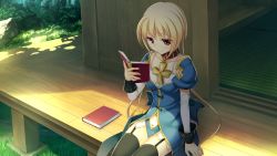 Rule 34 | 1girl, black thighhighs, blonde hair, blue dress, book, breasts, cowboy shot, cross, day, dress, full body, game cg, garter straps, grass, holding, holding book, kantaka, luis erica frois, official art, red eyes, sengoku koihime ~otome kenran sengoku emaki~, short hair, sitting, small breasts, smile, solo, sunlight, thighhighs