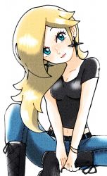 Rule 34 | belt, black shirt, blonde hair, blue eyes, boots, breasts, cross-laced footwear, denim, earrings, hair over one eye, highres, jeans, jewelry, lace-up boots, mario (series), midriff, mzg04, navel, nintendo, pants, rosalina, shirt, sitting, smile, star (symbol), star earrings, super mario odyssey