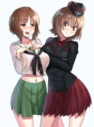 Rule 34 | 2girls, black headwear, black jacket, black neckerchief, blouse, blush, brown eyes, brown hair, collared shirt, commentary, cropped shirt, crossed arms, dress shirt, english commentary, frown, garrison cap, girls und panzer, glaring, green skirt, half-closed eyes, hands on own chest, hat, head tilt, highres, insignia, jacket, kuromorimine military uniform, lapels, long sleeves, looking at another, midriff, military hat, military uniform, miniskirt, multiple girls, navel, neckerchief, nico-mo, nishizumi maho, nishizumi miho, notched lapels, ooarai school uniform, open mouth, pleated skirt, red shirt, red skirt, sailor collar, school uniform, serafuku, shirt, short hair, siblings, side-by-side, sisters, skirt, smile, uniform, v-shaped eyebrows, white sailor collar, white shirt