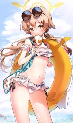 Rule 34 | 1girl, absurdres, bikini, blue archive, blush, bread, bread slice, brown eyes, cowboy shot, food, frilled bikini, frills, halo, hifumi (blue archive), hifumi (swimsuit) (blue archive), highres, innertube, light brown hair, long hair, looking at viewer, low twintails, mouth hold, navel, nyaruin, official alternate costume, round eyewear, solo, sunglasses, swim ring, swimsuit, toast, twintails, white bikini, yellow halo