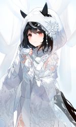 Rule 34 | 1girl, absurdres, animal ears, black hair, closed mouth, commentary request, cowboy shot, ears through headwear, fingerless gloves, floral print, flower, gloves, hair between eyes, hands up, highres, hood, hood up, horse ears, horse girl, horse tail, japanese clothes, kabedoru, kimono, kitasan black (umamusume), long sleeves, looking at viewer, red eyes, see-through, shiromuku, short hair, solo, standing, tail, uchikake, umamusume, white flower, white gloves, white theme