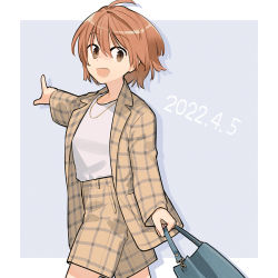 Rule 34 | 1girl, ahoge, bag, dated, feet out of frame, happy birthday, holding, jewelry, koito yuu, nakatani nio, necklace, open mouth, orange hair, outside border, pointing, simple background, smile, solo, walking, yagate kimi ni naru