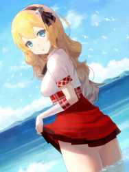 Rule 34 | 1girl, ass, azur lane, bird, blonde hair, blouse, blue eyes, breasts, clothes lift, cloud, day, dutch angle, fingerless gloves, from side, gloves, hair between eyes, high-waist skirt, leander (azur lane), lifting own clothes, long hair, looking at viewer, medium breasts, mosso1120, outdoors, parted lips, partially submerged, pleated skirt, red skirt, shirt, short sleeves, skirt, skirt lift, sky, solo, standing, very long hair, wading, water, white gloves, white shirt