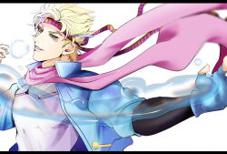 Rule 34 | 1boy, 418monami, battle tendency, blonde hair, blue jacket, bubble, caesar anthonio zeppeli, facial mark, feather hair ornament, feathers, fingerless gloves, gloves, green eyes, hair ornament, headband, highres, hydrokinesis, jacket, jojo no kimyou na bouken, layered sleeves, letterboxed, long sleeves, male focus, pink scarf, scarf, short over long sleeves, short sleeves, solo, triangle print, water