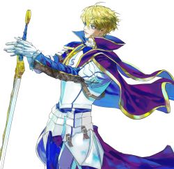 Rule 34 | 1boy, ahoge, armor, arthur pendragon (fate), blonde hair, blue cape, blue eyes, breastplate, cape, commentary, excalibur (fate/prototype), fate/grand order, fate/prototype, fate/prototype: fragments of blue and silver, fate (series), faulds, from side, gauntlets, gold trim, greaves, green eyes, hair between eyes, highres, holding, holding sword, holding weapon, light smile, long sleeves, looking away, male focus, ohudrneerd, pauldrons, short hair, shoulder armor, simple background, smile, sword, weapon, white background