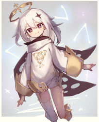 Rule 34 | 1girl, black eyes, black scarf, boots, constellation, genshin impact, hair ornament, halo, highres, long sleeves, looking at viewer, paimon (genshin impact), scarf, short hair, smile, sparkle, star (symbol), white footwear, white hair