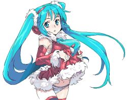Rule 34 | blue eyes, blue hair, clothes lift, detached sleeves, dress, dress lift, earmuffs, hatsune miku, jaggy lines, long hair, necktie, panties, poporon, santa costume, skirt, skirt lift, solo, striped clothes, striped panties, thighhighs, twintails, underwear, vocaloid