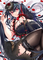 Rule 34 | 1girl, absurdres, asymmetrical clothes, asymmetrical legwear, azur lane, black dress, black hair, black legwear, breasts, character name, cleavage, crossed bangs, detached collar, detached sleeves, dress, garter straps, hair ornament, highres, holding, holding microphone stand, large breasts, long hair, looking at viewer, lying, microphone stand, on back, petals, red eyes, red ribbon, ribbon, short dress, sleeveless, sleeveless dress, smile, taihou (azur lane), taihou (muse) (azur lane), twintails, uneven legwear, very long hair, yoshitoki (kisshin)