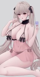 Rule 34 | 1girl, absurdly long hair, absurdres, alternate costume, azur lane, babydoll, bare shoulders, black bra, black panties, bra, breasts, cleavage, collarbone, condom, condom wrapper, detached collar, formidable (azur lane), frills, grey background, grey hair, hand in own hair, hands up, highres, holding, holding condom, large breasts, lingerie, long hair, looking at viewer, nanako94418108, navel, nightgown, nipples, open mouth, panties, parted lips, red eyes, see-through, side-tie panties, simple background, sitting, skindentation, solo, string panties, twintails, underwear, underwear only, very long hair, wariza