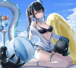 Rule 34 | 1girl, absurdres, arknights, ball, barefoot, beachball, bendy straw, bikini, bikini under clothes, black bikini, black hair, blue sky, breasts, cleavage, closed mouth, cloud, collar, collarbone, commentary request, cup, day, detached collar, dragon girl, dragon horns, dragon tail, drinking glass, drinking straw, dusk (arknights), flower, hair between eyes, highres, horns, innertube, jacket, long hair, long sleeves, looking at viewer, medium breasts, off shoulder, ohagi umeume, orange eyes, outdoors, pointy ears, red flower, side-tie bikini bottom, sidelocks, sitting, sky, solo, swim ring, swimsuit, table, tail, very long hair, wariza, white collar, white jacket, wing collar