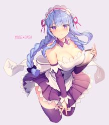 Rule 34 | bad id, bad pixiv id, bare shoulders, blue hair, blunt bangs, blush, braid, breasts, cleavage, closed mouth, collarbone, copyright name, cropped legs, detached collar, dress, embarrassed, floating hair, frilled dress, frills, frown, large breasts, leaning forward, long hair, looking away, maid, maid headdress, marija (muse dash), muse dash, plate, pleated skirt, purple background, purple eyes, purple thighhighs, shiba 0, sidelocks, simple background, skirt, skirt hold, solo, strapless, strapless dress, sweatdrop, thighhighs, tsurime, zettai ryouiki