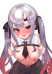 Rule 34 | 1girl, ajishio (loli king), blush, breasts, hair ornament, highres, hololive, horns, long hair, looking at viewer, medium breasts, multicolored hair, nakiri ayame, nakiri ayame (streetwear), necktie, nipples, off shoulder, oni, open clothes, open mouth, open shirt, red eyes, red hair, shirt, skin-covered horns, smile, solo, streaked hair, virtual youtuber, white hair