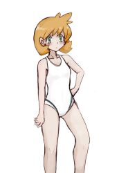 Rule 34 | 1girl, asymmetrical hair, bare arms, bare legs, blush, breasts, closed mouth, competition swimsuit, creatures (company), eyelashes, game freak, green eyes, haloh, hand on own hip, highres, knees, legs, looking at viewer, misty (pokemon), navel, nintendo, one-piece swimsuit, orange hair, pokemon, pokemon hgss, short hair, small breasts, solo, standing, swimsuit, thighs, white one-piece swimsuit