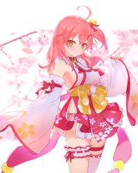 Rule 34 | 1girl, :3, ahoge, bare shoulders, bell, blurry, blurry background, blush, bow, breasts, bridal garter, cherry blossoms, closed mouth, commentary, cowboy shot, detached sleeves, frilled skirt, frills, green eyes, hair bell, hair bow, hair ornament, hairclip, hololive, izumi sai, jingle bell, long sleeves, medium breasts, medium hair, nontraditional miko, obi, one side up, pink hair, red bow, red skirt, sakura miko, sakura miko (1st costume), sash, sideboob, single thighhigh, skirt, smile, solo, thigh strap, thighhighs, virtual youtuber, white background, white thighhighs, wide sleeves, yellow bow