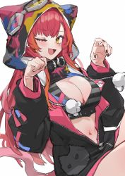 Rule 34 | 1girl, ;d, absurdres, animal hood, belt, black belt, black bra, black jacket, black nails, blush, bra, breasts, cat tail, claw pose, cleavage, fang, highres, hood, hood up, jacket, large breasts, long hair, long sleeves, looking at viewer, mr.lime, multicolored hair, nail polish, navel, nekota tsuna, one eye closed, open clothes, open jacket, open mouth, orange hair, paw pose, red hair, simple background, smile, solo, streaked hair, striped bra, striped clothes, tail, underwear, very long hair, virtual youtuber, vspo!, white background, yellow eyes