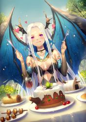 Rule 34 | 1girl, :q, aqua nails, bible bullet, black wings, blue wings, blush, breasts, cake, closed mouth, collarbone, cup, day, demon wings, detached sleeves, drinking glass, dutch angle, food, forehead, fork, half-closed eyes, hands up, head wings, heart, highres, holding, holding fork, holding knife, kebab, knife, long hair, medium breasts, nail polish, nidhogg (bible bullet), official art, outdoors, purple eyes, sidelocks, silver hair, sitting, solo, sparkle, table, tidsean, tongue, tongue out, tsurime, very long hair, wine glass, wings