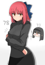 Rule 34 | 2girls, absurdres, black hairband, black skirt, black sweater, blue bow, blush, bow, breast envy, breasts, chibi, closed mouth, commentary request, crying, crying with eyes open, hair bow, hairband, half updo, highres, kohaku (tsukihime), long hair, long sleeves, maz515, maz 515, medium breasts, multiple girls, red hair, short hair, simple background, skirt, sweatdrop, sweater, tears, tohno akiha, translation request, tsukihime, turtleneck, turtleneck sweater, twitter username, white background, yellow eyes