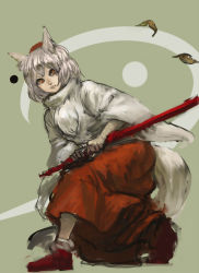 Rule 34 | 1girl, animal ears, battoujutsu stance, brown eyes, closed mouth, fighting stance, grey hair, holding, holding sword, holding weapon, inishie kumo, inubashiri momiji, katana, leaf, long sleeves, looking at viewer, ready to draw, red footwear, red skirt, scabbard, sheath, shoes, short hair, sketch, skirt, solo, sword, tail, touhou, weapon, wide sleeves, wolf ears, wolf tail