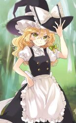 Rule 34 | 1girl, apron, back bow, black hat, black skirt, black vest, blonde hair, blush stickers, bow, braid, buttons, collared shirt, forest, forest of magic, frilled apron, frilled bow, frilled hat, frilled skirt, frills, green bow, hair bow, hand on headwear, hand on own hip, hat, hat bow, hat ribbon, kirisame marisa, long skirt, medium hair, nature, official art, poprication, puffy short sleeves, puffy sleeves, ribbon, shirt, short sleeves, single braid, skirt, skirt set, smile, solo, touhou, touhou cannonball, tree, v-shaped eyebrows, vest, waist apron, wavy hair, white apron, white bow, white ribbon, white shirt, witch hat, yellow eyes