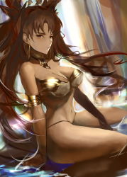 Rule 34 | 1girl, absurdres, armlet, asymmetrical gloves, asymmetrical legwear, asymmetrical sleeves, bare shoulders, black hair, black ribbon, commentary, crown, detached sleeves, earrings, elbow gloves, fate/grand order, fate (series), gloves, hair ribbon, highres, hoop earrings, ishtar (fate), ishtar (fate), jewelry, long hair, looking at viewer, neck ring, olalehee, red eyes, ribbon, single detached sleeve, single elbow glove, single thighhigh, solo, thighhighs, tiara, uneven gloves, uneven legwear, uneven sleeves