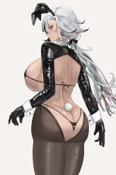 Rule 34 | 1girl, absurdres, alternate costume, animal ears, arlecchino (genshin impact), ass, bikini, black bikini, black hair, breasts, crotchless, crotchless pantyhose, fake animal ears, fake tail, from behind, genshin impact, hair between eyes, highres, huge breasts, hyuzky, latex, latex legwear, long hair, long sleeves, looking at viewer, meme attire, micro bikini, multicolored hair, pantyhose, profile, rabbit ears, rabbit tail, red pupils, revealing clothes, reverse bunnysuit, reverse outfit, simple background, solo, streaked hair, swimsuit, symbol-shaped pupils, tail, two-tone hair, white background, white hair, wrist cuffs, x-shaped pupils