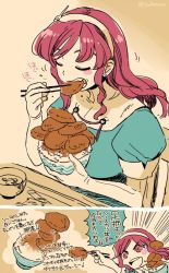 Rule 34 | 10s, 1girl, ashigara (kancolle), bowl, comic, croquette, eating, closed eyes, kantai collection, limited palette, pink eyes, pink hair, rice, solo, translation request, twitter username, yukataro