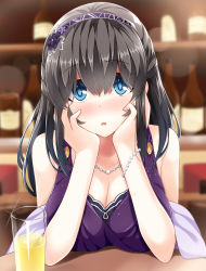 Rule 34 | 10s, 1girl, bar (place), black hair, blue eyes, blush, bottle, bracelet, breast rest, breasts, cleavage, cup, dress, drink, drinking glass, eyebrows, gem, hair over eyes, hairband, hands on own cheeks, hands on own face, head rest, idolmaster, idolmaster cinderella girls, idolmaster cinderella girls starlight stage, indoors, jewelry, large breasts, long hair, looking at viewer, necklace, nose blush, oga raito, parted lips, pearl (gemstone), pearl bracelet, pov across table, purple dress, sagisawa fumika, shawl, sleeveless, sleeveless dress, solo, table