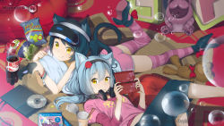 Rule 34 | 2girls, animal ears, artist name, ass, bow, bubble, cd, child, chips (food), controller, eating, food, game console, game controller, handheld game console, headphones, highres, keiryuu seo, long hair, looking at viewer, multiple girls, nintendo, nintendo 3ds, noodles, pepsi, pillow, playstation 4, ramen, rug, soda, sony, striped legwear, stuffed animal, stuffed toy, tail, v