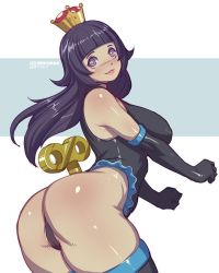 Rule 34 | 1girl, ass, black gloves, black hair, black leotard, black thighhighs, bob-omb, bokuman, breasts, commentary, crown, elbow gloves, english commentary, gloves, grey eyes, hime cut, hip focus, huge ass, large breasts, leaning forward, leotard, long hair, looking at viewer, mario (series), new super mario bros. u deluxe, nintendo, personification, solo, super crown, thick thighs, thighhighs, thighs, thong leotard, wide hips, winding key