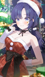 Rule 34 | 1girl, absurdres, blue archive, blush, box, breasts, christmas, christmas tree, cleavage, collarbone, dress, facial mark, fingernails, gift, gift box, grin, hat, highres, holding, holding gift, long hair, looking at viewer, medium breasts, momomoi momoi, pom pom (clothes), purple eyes, purple hair, red dress, red hat, santa costume, smile, solo, star (symbol), strapless, strapless dress, yuuka (blue archive)